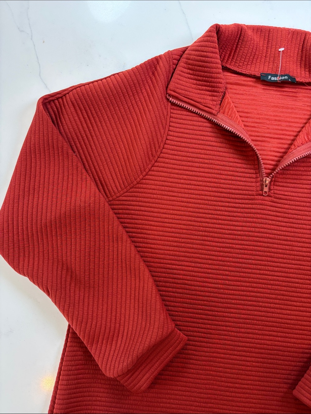Quarter-Zip Ribbed Pullover Sweater - Rust Red - Picture 2 of 4
